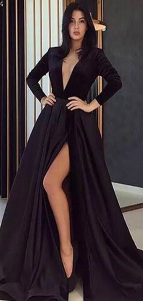 Long Sleeves Black Velvet Top A-line Satin Side Slit Prom Dresses