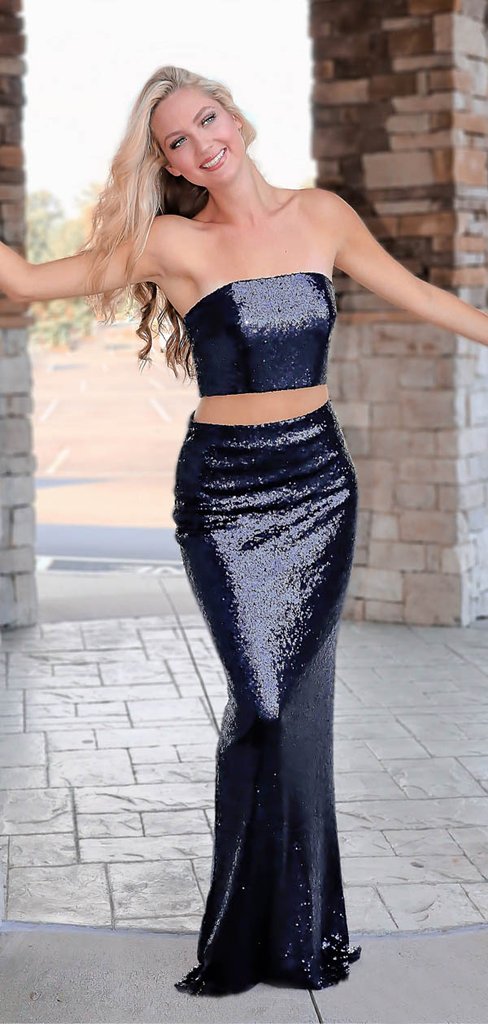 Strapless Long Mermaid Prom Dresses, 2 Pieces Navy Evening Dresses