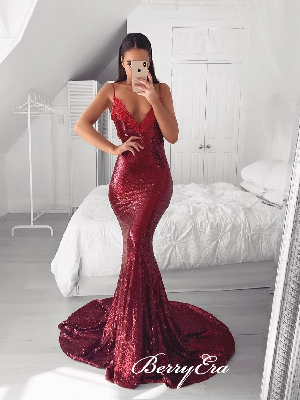 Spaghetti Long Mermaid Sequin Prom Dresses, Lace Appliques Prom Dresses, Prom Dresses
