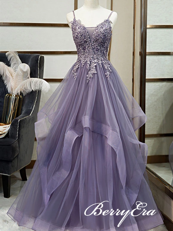 Spaghetti Long A-line Tulle Lace Appliques Prom Dresses, Elegant Purple Prom Dresses, Long Prom Dresses