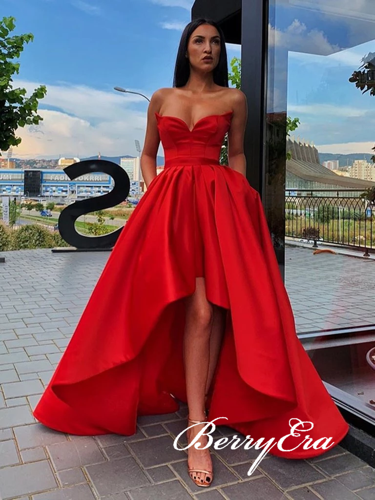 Strapless Long A-line Red Satin Prom Dresses, Hi-low Long Prom Dresses, Chic Prom Dresses