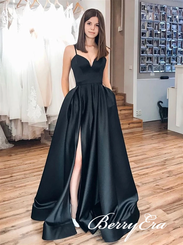 Simple A-line Black Satin Long Prom Dresses, Side Slit Prom Dresses, E Berryera Simple A-line Black Satin Long Prom Dresses, Side Slit Prom Dresses, E Berryera
