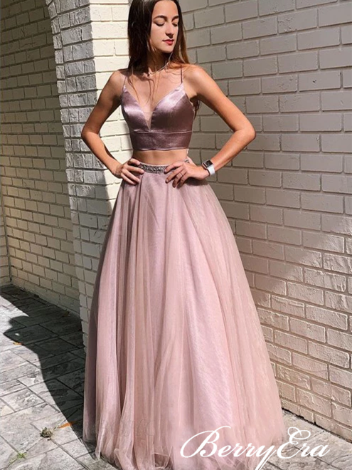 Pieces Dusty Rose Satin Top Tulle Long Prom Dresses, Newest Prom
