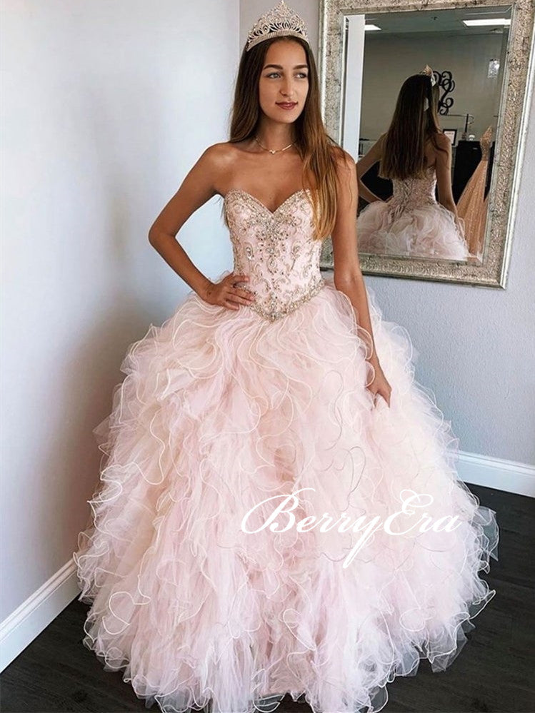 Sweetheart Long Pink Tulle Beaded Prom Dresses, Lovely Cute Ball Gown Prom Dresses, Long Prom Dresses