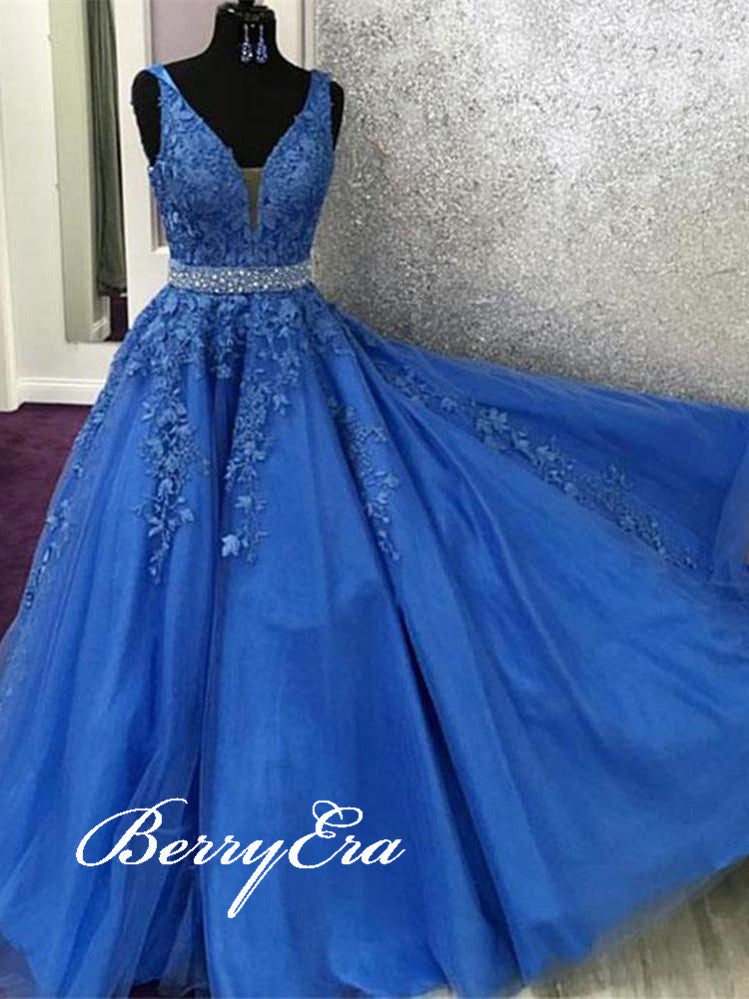 V-neck Blue Lace Beaded Long Prom Dresses, Newest Prom Dresses