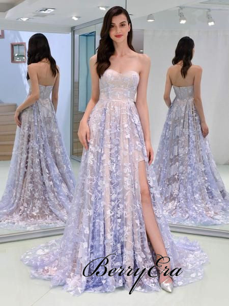 Strapless A-line Lace Prom Dresses, Elegant Long Prom Dresses