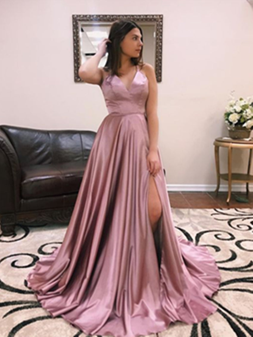 V-neck Long A-line Side Slit Dusty Pink Prom Dresses