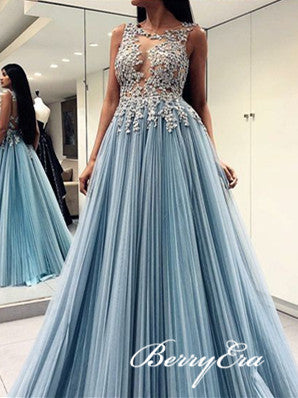 Dusty Blue Lace Tulle Prom Dresses, Open Back Prom Dresses, Long Prom Dresses