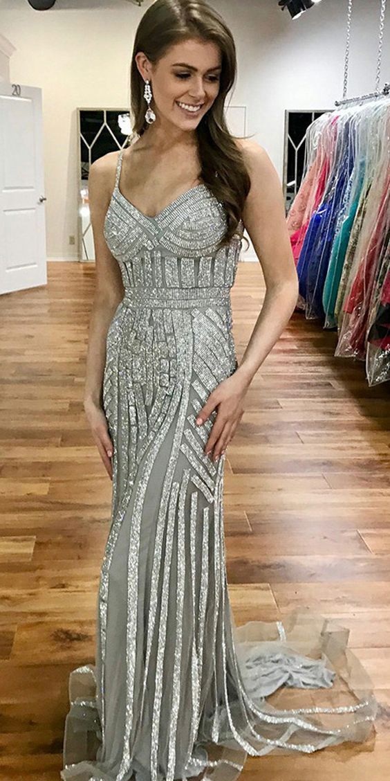Straps Long Mermaid Silver Beaded Tulle Prom Dresses