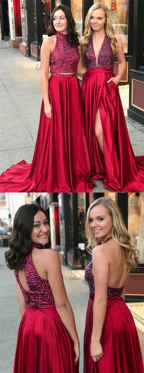 Sexy Rhinestone Red Satin Long A-line Prom Dresses