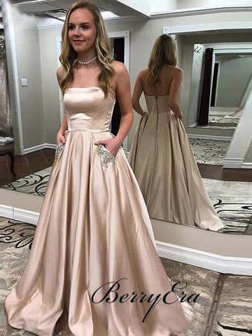 Strapless Nude Satin A-line Prom Dresses With Pockets, Beaded Long Prom Dresses