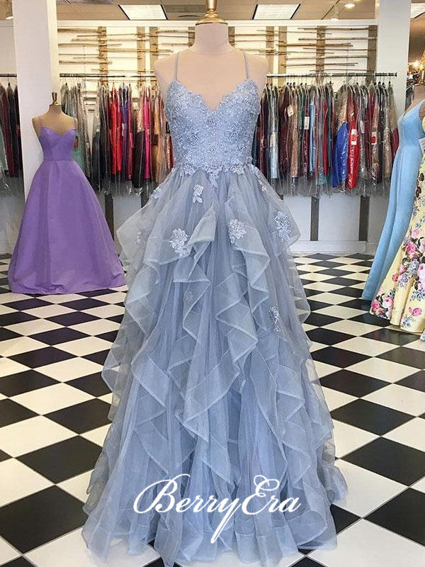 Spaghetti Long A-line Lace Tulle Prom Dresses, Newest Prom Dresses