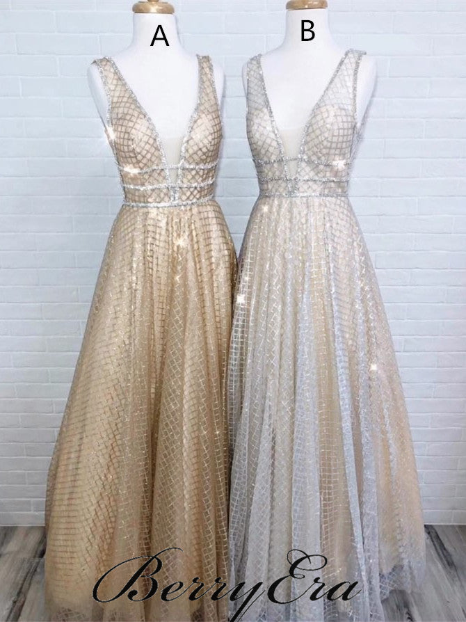 V-neck Long A-line Sequin Tulle Prom Dresses, Popular Prom Dresses, Prom Dresses