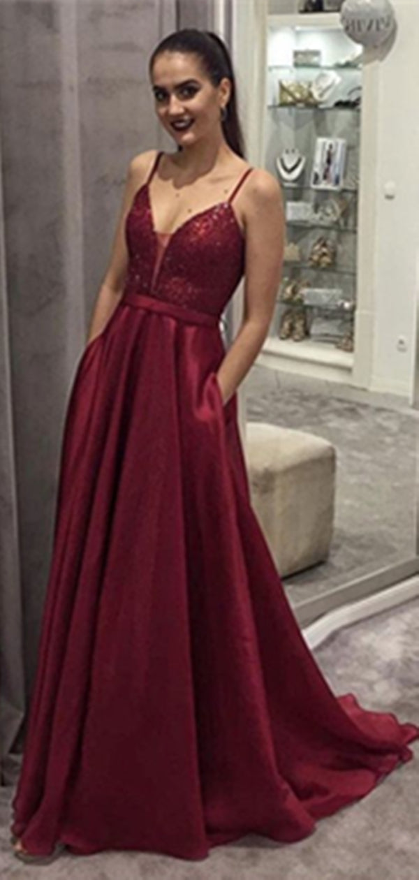 Spaghetti Dark Red Sequin Top A-line Organza Prom Dresses, Long Prom Dresses
