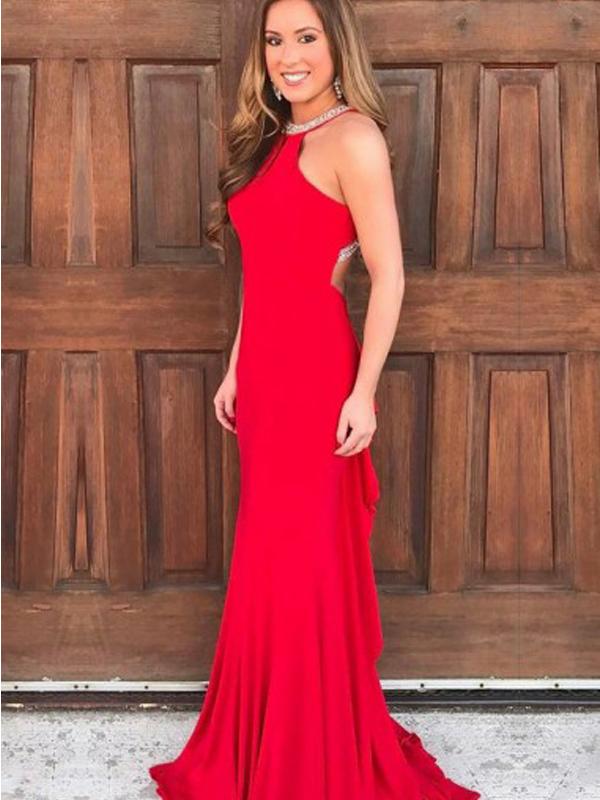 Simple Long Mermaid Red Jersey Beaded Prom Dresses, Cheap Prom Dresses