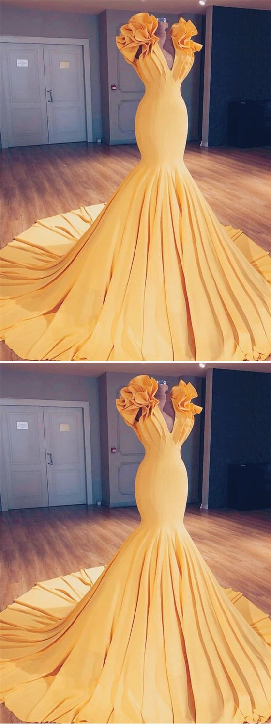 V-neck Long Mermaid Yellow Ruffles Prom Dresses