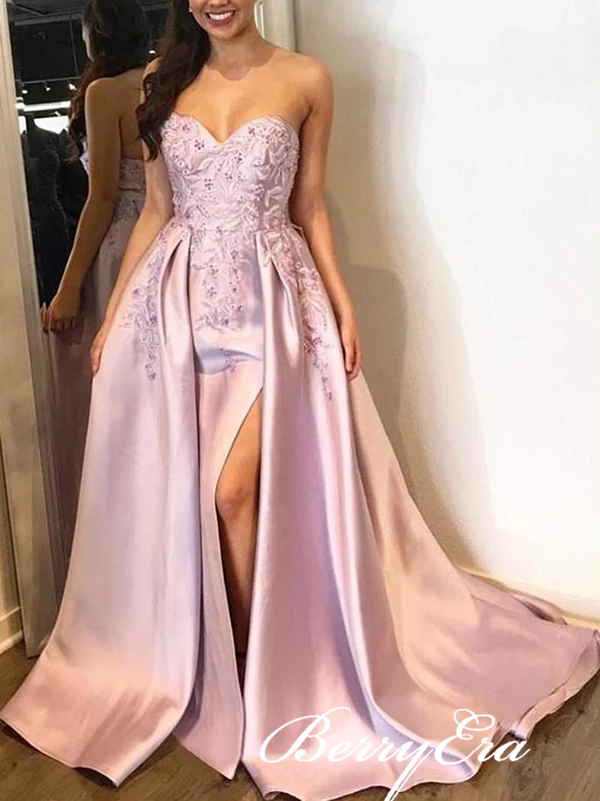 Sweetheart  Long Prom Dresses, Side Slit Prom Dresses, Long Pink Prom Dresses, Lace Beaded Prom Dresses