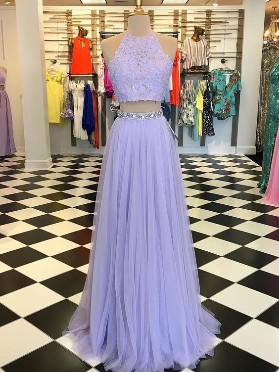 2 Pieces Lilac Lace Tulle Prom Dresses, Cheap Beaded Prom Dresses