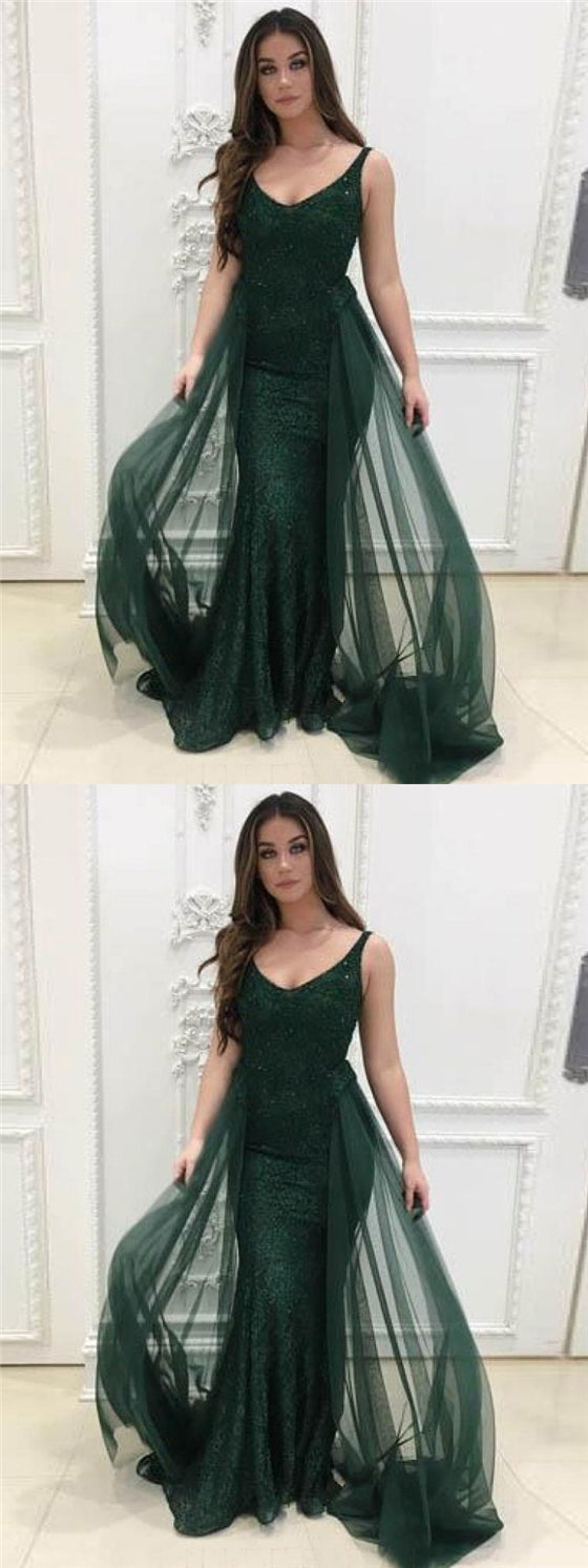 V-neck Emerald Green Lace Tulle Prom Dresses