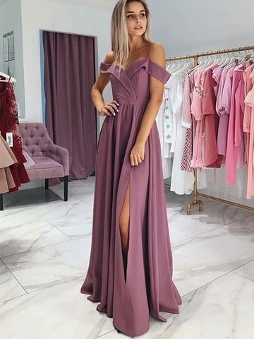 Off Shoulder Graylish Purple A-line Side Slit Prom Dresses, Long Prom Dresses