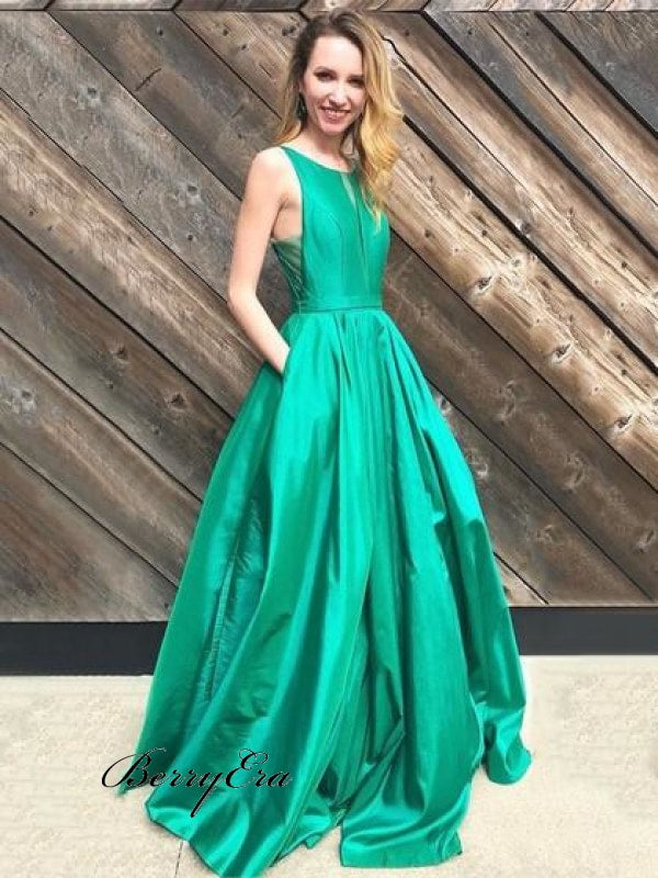 Simple Long A-Line Green Satin Prom Dresses Cheap Prom Dresses