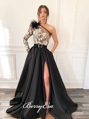 One Shoulder Lace Satin Prom Dresses, Long Prom Dresses, Side Slit Prom Dresses