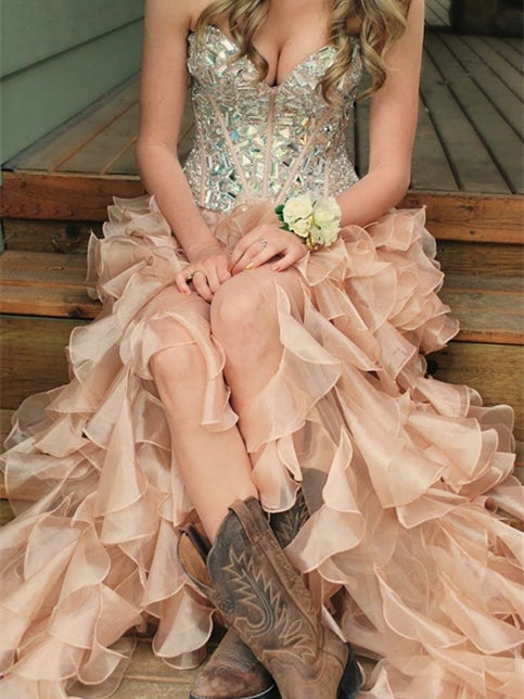 Sweetheart Hi-low Rhinestone Beaded Prom Dresses, Organza Prom Dresses