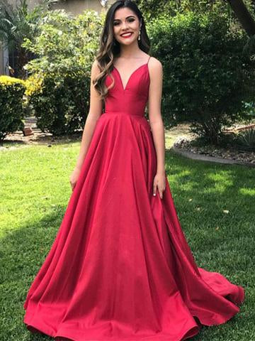 Simple Red Satin A-line Prom Dresses, Long Prom Dresses, Satin Prom Dresses