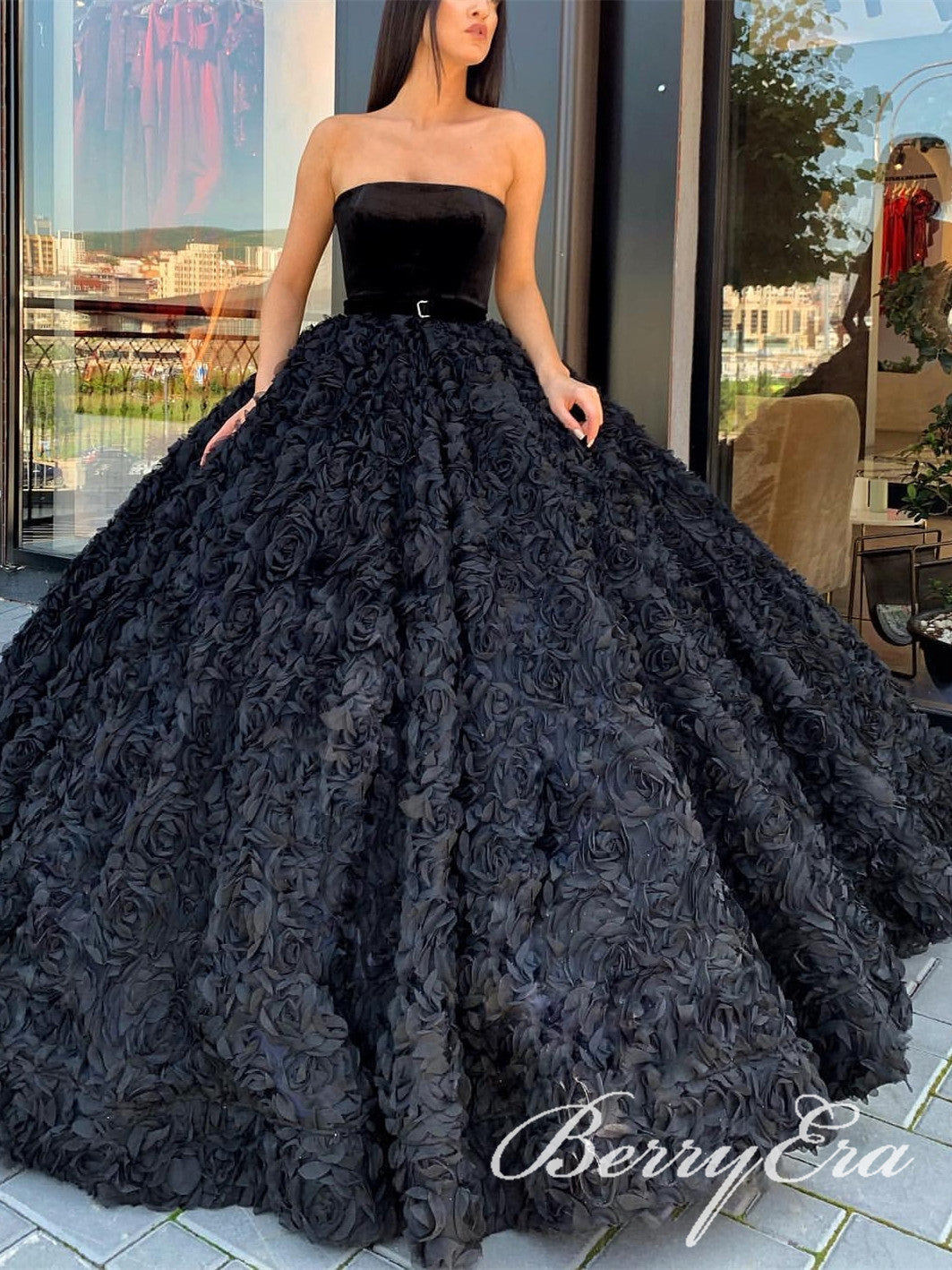 black puffy prom dresses Strapless Long A-line 3D Flower Velvet Top Dresses, Ball Go – Berryera Black Suit Back To School Prom Xflwam Women's Sexy V Size:27 inches
