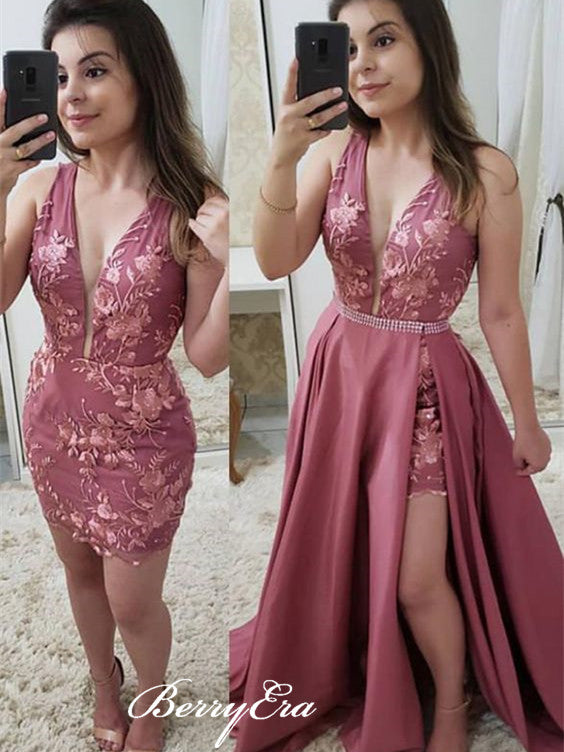 2 Pieces V-neck Lace Prom Dresses, Long Beaded Prom Dresses, Affordable Prom Dresses