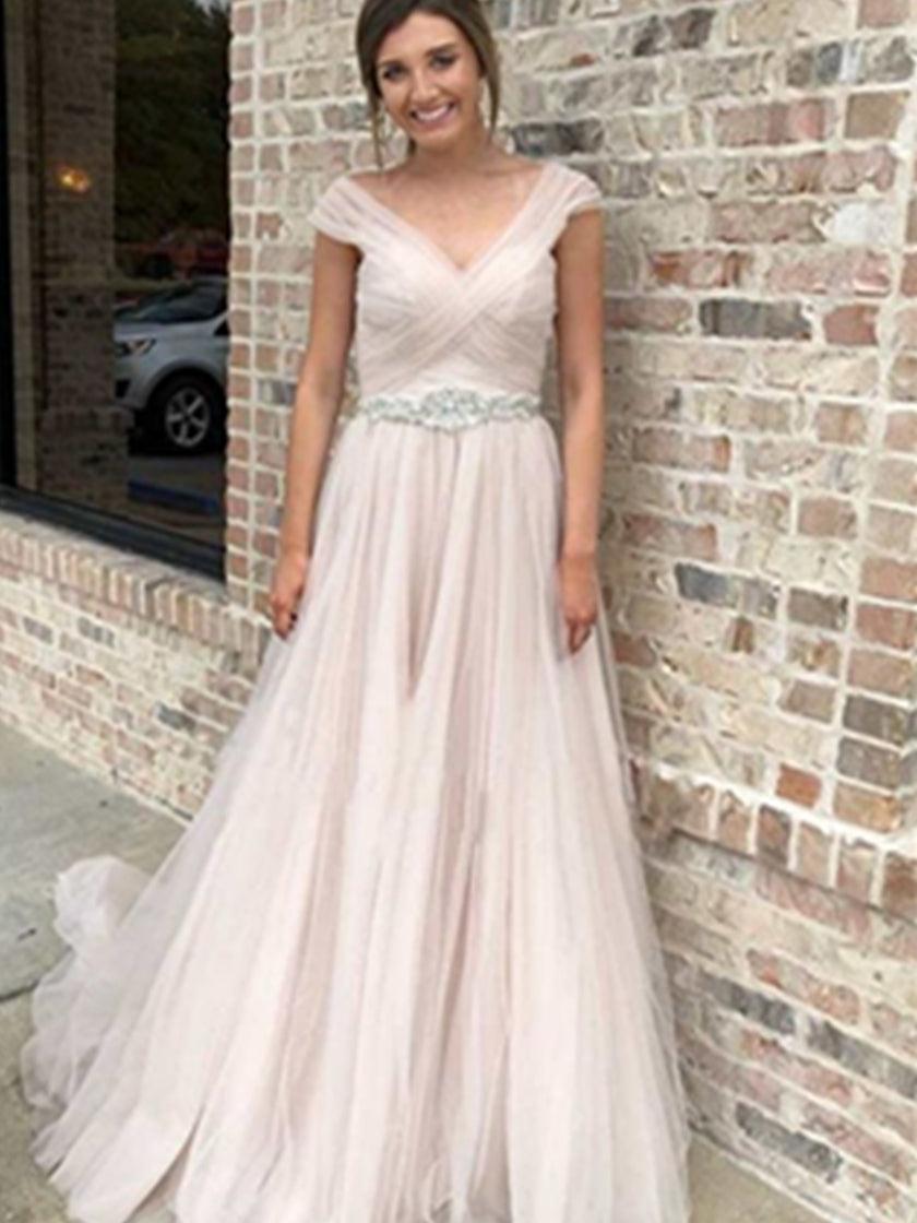 V-neck Pale Pink Tulle Rhinestone Beaded Prom Dresses