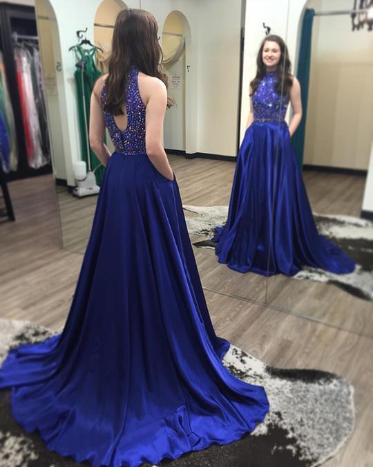 2 Pieces Beaded Long A-line Satin Prom Dresses
