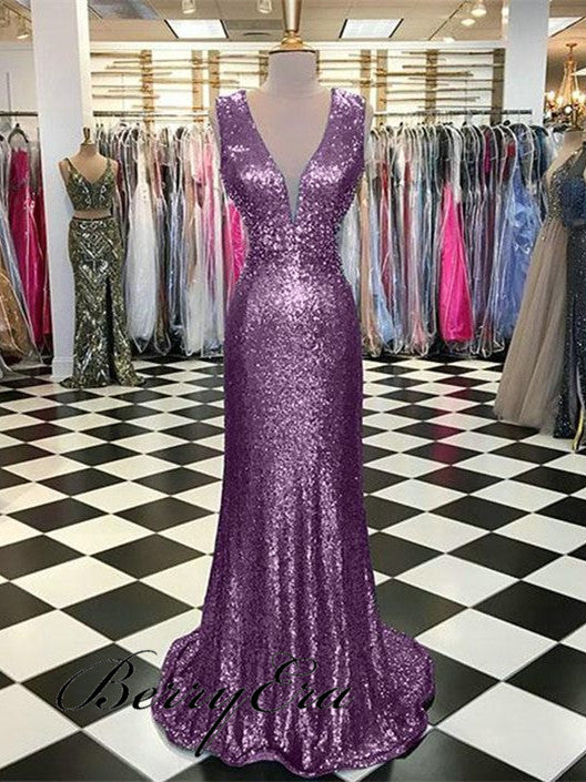 V-neck Long Mermaid Light Purple Sequin Prom Dresses, Sparkle Prom Dresses