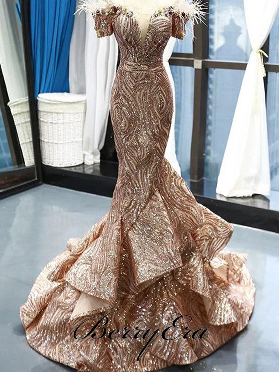 Off Shoulder Long Mermaid Sequin Prom Dresses, Luxury Prom Dresses, Prom Dresses