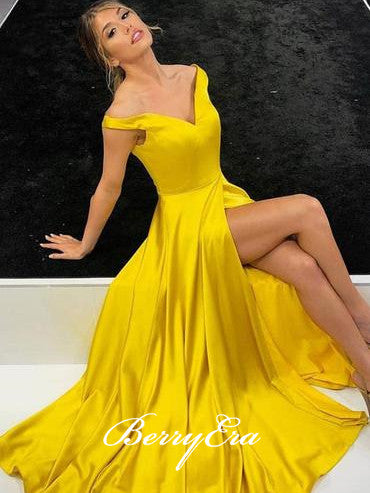 Off Shoulder Long A-line Side Slit Yellow Elastic Satin Prom Dresses