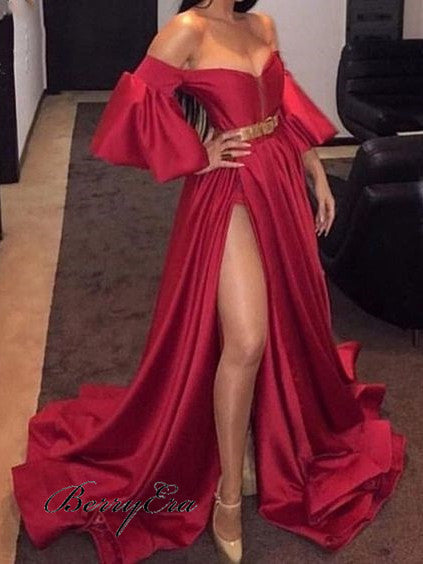 Off Shoulder Long A-line Side Slit Prom Dresses, Red Prom Dresses, Long Prom Dresses