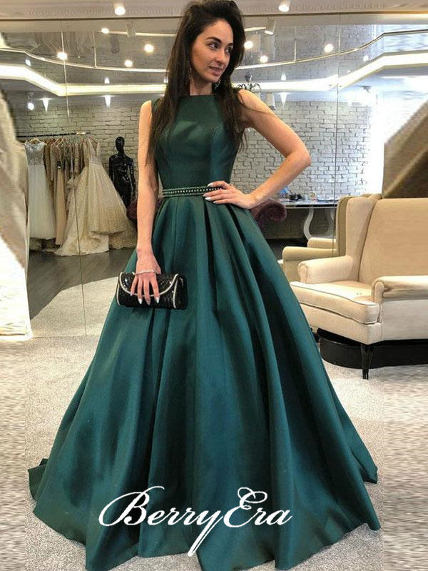 Emerald Green Satin Beaded Prom Dresses, V-back Prom Dresses, Long Prom Dresses