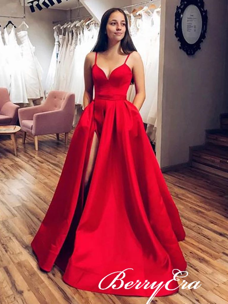 Spaghetti Long A-line Red Satin Prom Dresses, Side Slit Prom Dresses, Long Prom Dresses