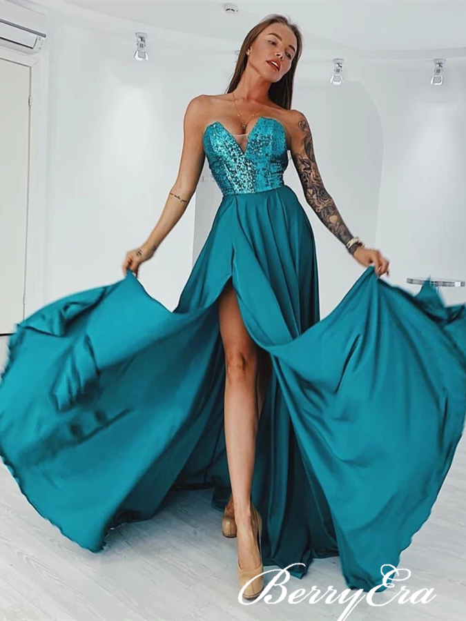 Sweetheart Long Prom Dresses, Sequin Top Side Slit Long Prom Dresses, Prom Dresses