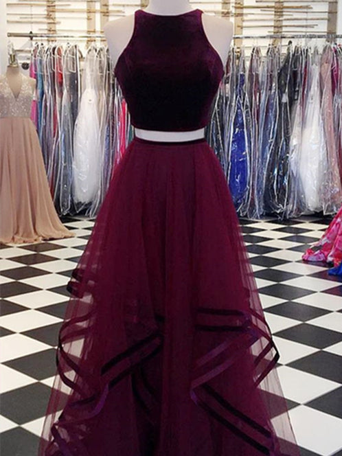 Pieces Velvet Top A-line Tulle Skirt Long Prom Dresses – Berryera