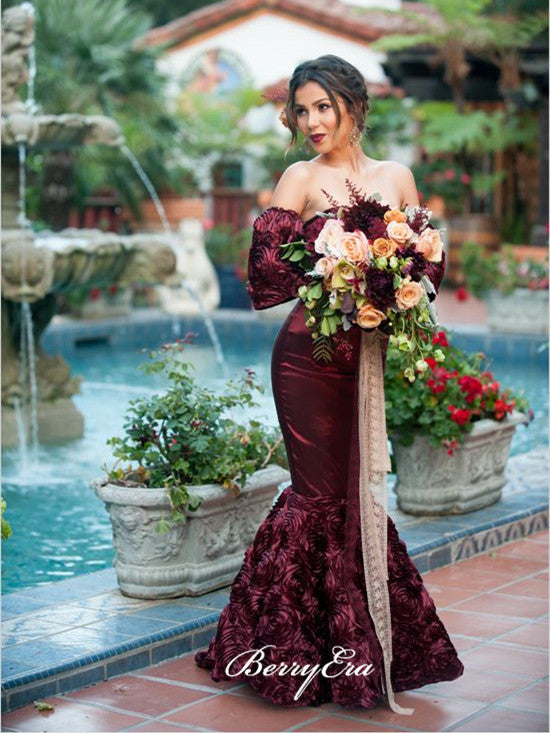Off Shoulder Long Sleeves Elastic Satin Floral Dresses, Long Prom Dres Berryera Off Shoulder Long Sleeves Elastic Satin Floral Dresses, Long Prom Dres Berryera