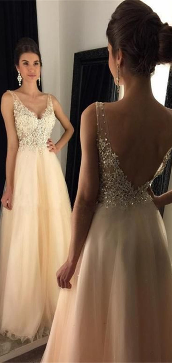 V-neck Lace Tulle Prom Dresses, Beaded Cheap Prom Dresses