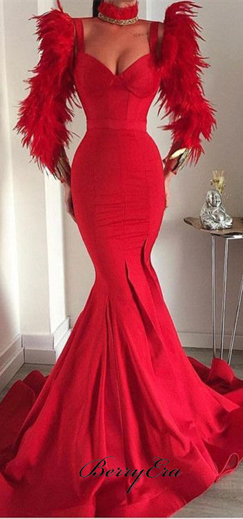 Straps Long Mermaid Red Prom Dresses, Luxury Feather Prom Dresses, Prom Dresses