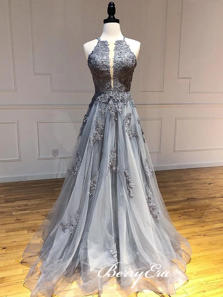 Grey Lace Appliques Long Prom Dresses, Tulle Prom Dresses, Popular Prom Dresses