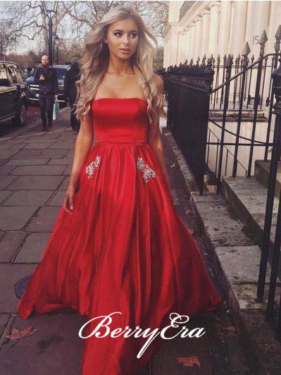 Strapless Red Satin Prom Dresses With Pockets, Rhinestone Beaded Prom Dresses