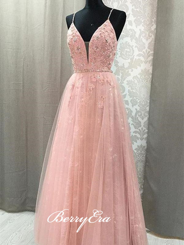 Spaghetti Pink Lace Beaded Prom Dresses, A-line Prom Dresses, Long Prom Dresses