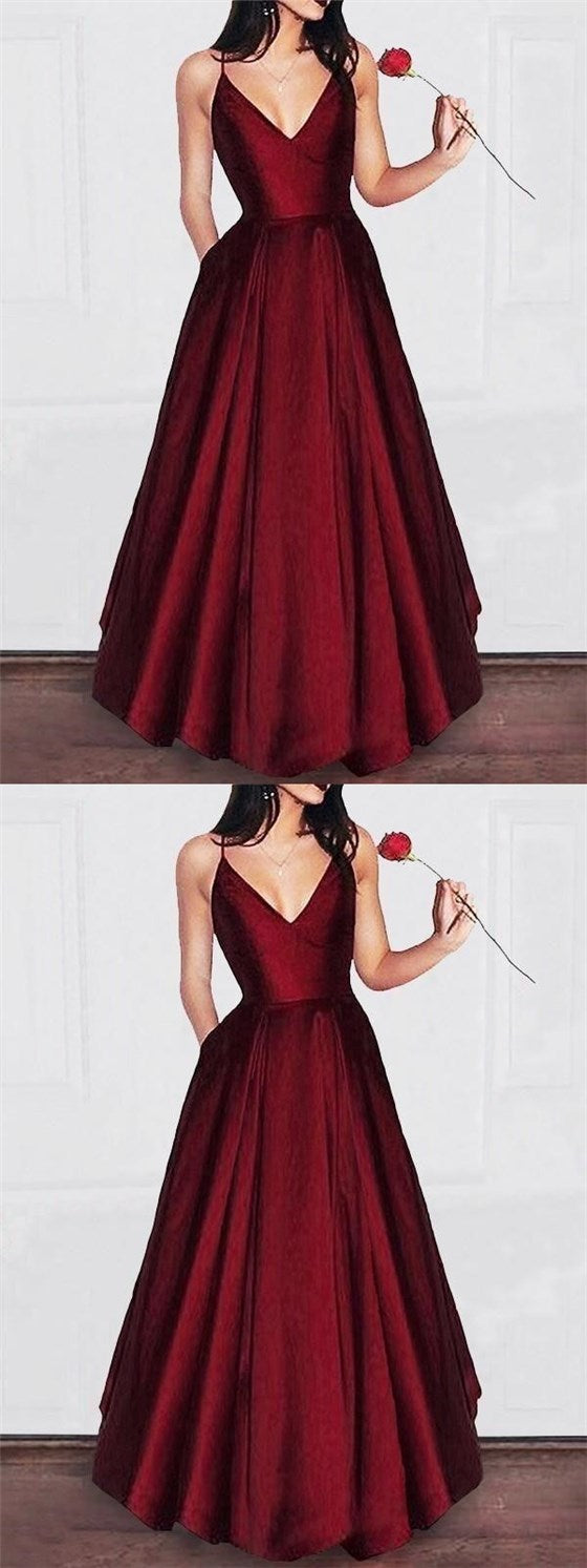 Simple Elegant Dark Red Long A-line Satin Prom Dresses
