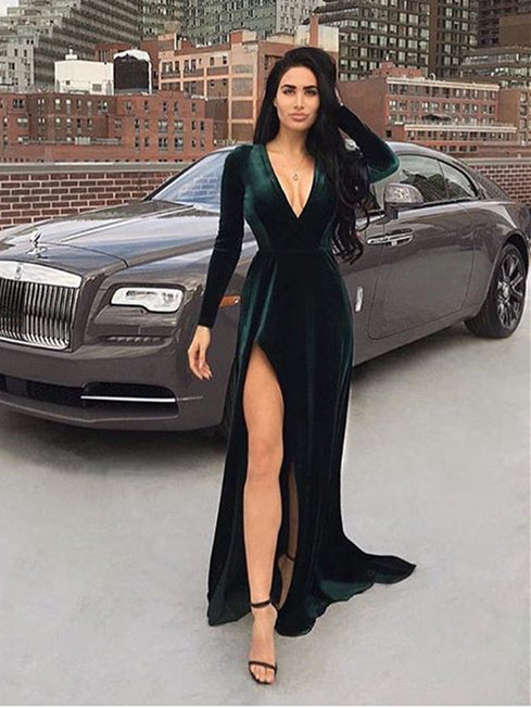 V-neck Emerald Green Velvet Prom Dresses, Side Slit Prom Dresses, Long Berryera V-neck Emerald Green Velvet Prom Dresses, Side Slit Prom Dresses, Long Berryera