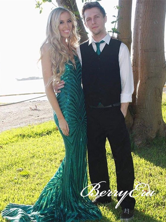 Green Sequin Tulle Long Prom Dresses, Backless Mermaid Prom Dresses, L Berryera Green Sequin Tulle Long Prom Dresses, Backless Mermaid Prom Dresses, L Berryera