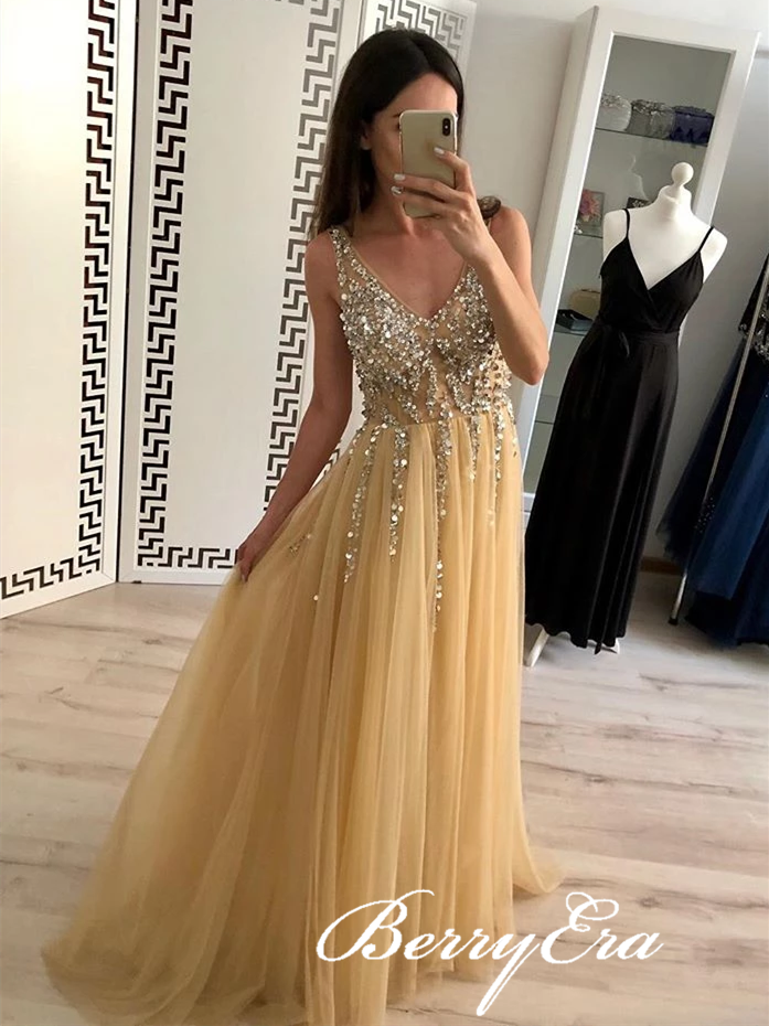 V-neck Sequin Beaded Top A-line Tulle Prom Dresses, Yellow Prom Dresses, Affordable Prom Dresses